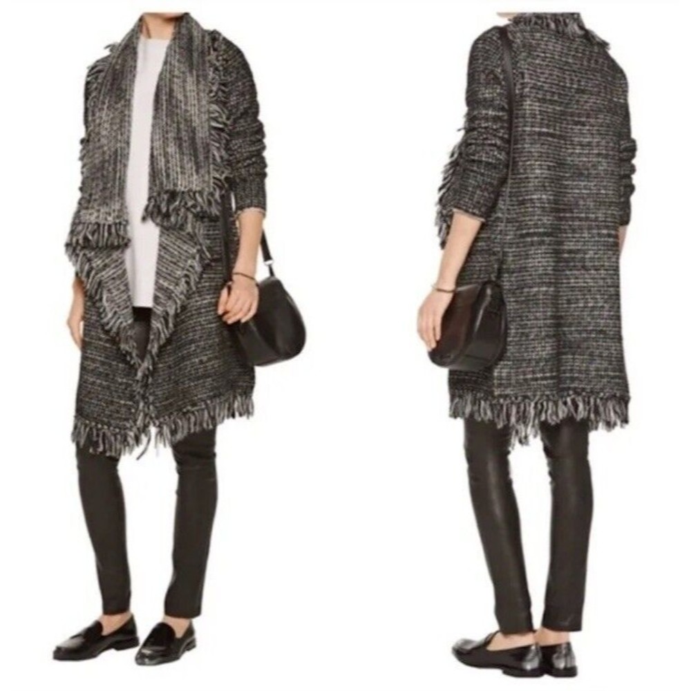 Vince Frayed Edge Drape Neck Long Cardigan Black White Tweed Sz XS MSRP $595